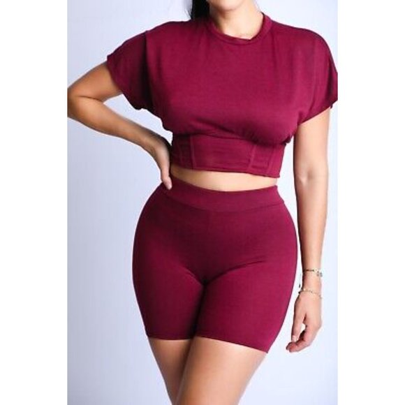 Pants - Women's Short Sleeves Corseted Top And Matching Biker Shorts 2 Piece Outfit Set